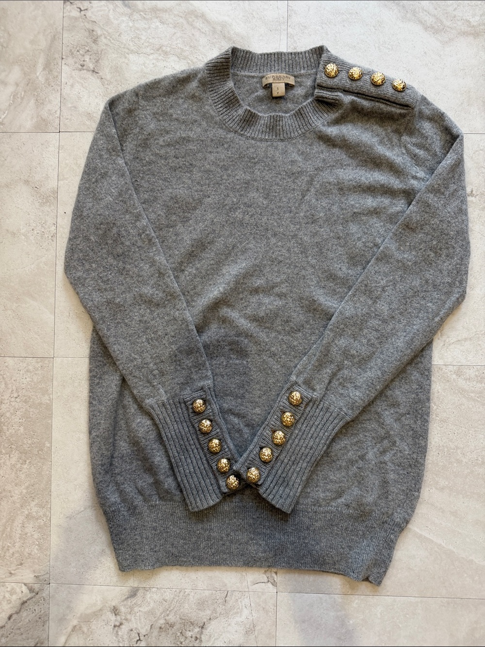 Burberry Gray Cashmere Crewneck Sweater with Gold Buttons